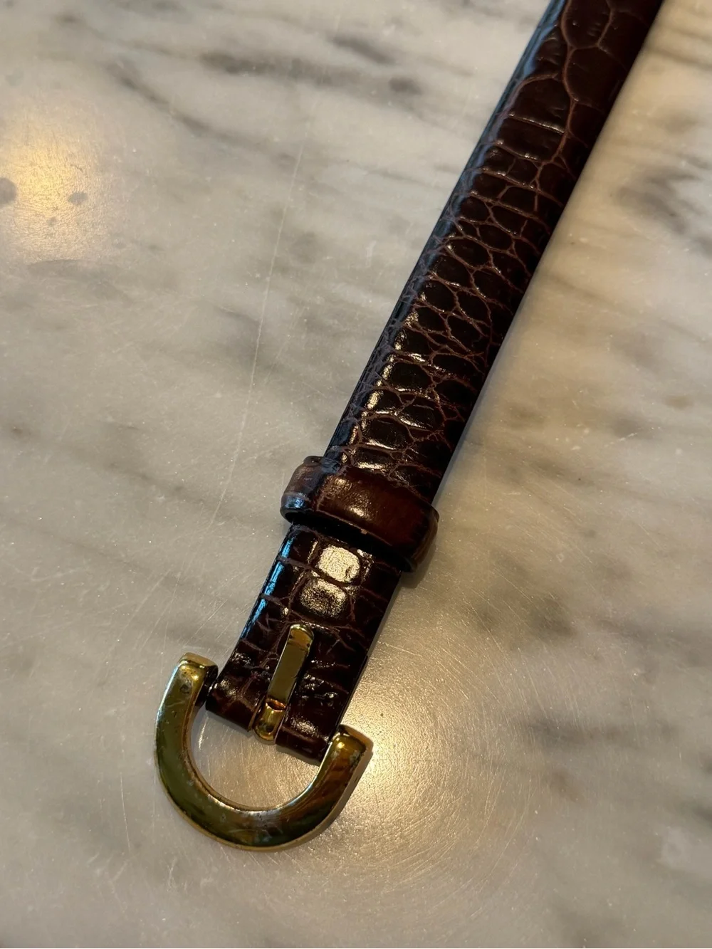 Made in Italy Chocolate Brown Crocodile Embossed Leather Belt Gold Buckle S